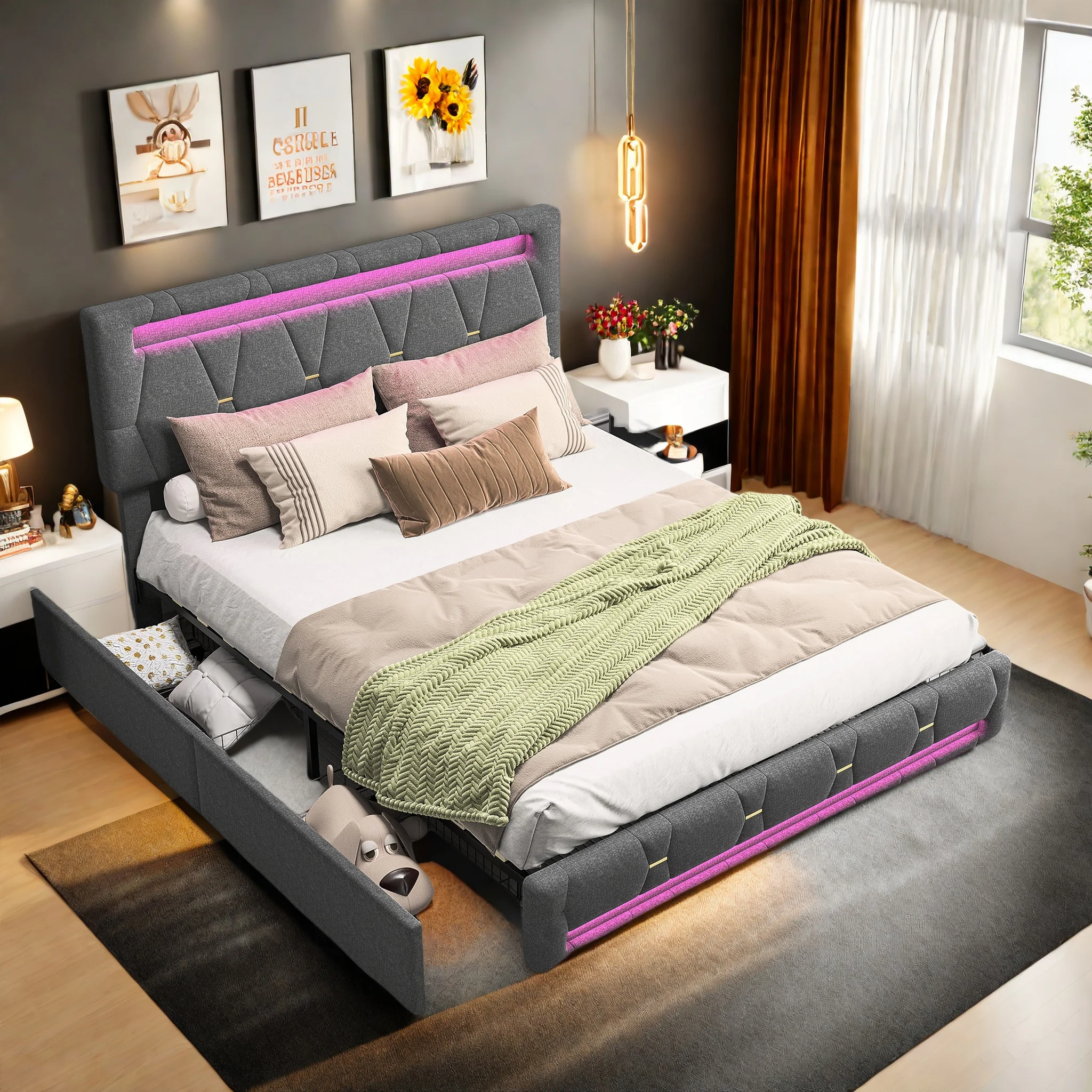 Lit 140x200 cm, lit double capitonné avec 4 tiroirs de rangement, sommier tapissier avec port USB et éclairage LED, lin, gris