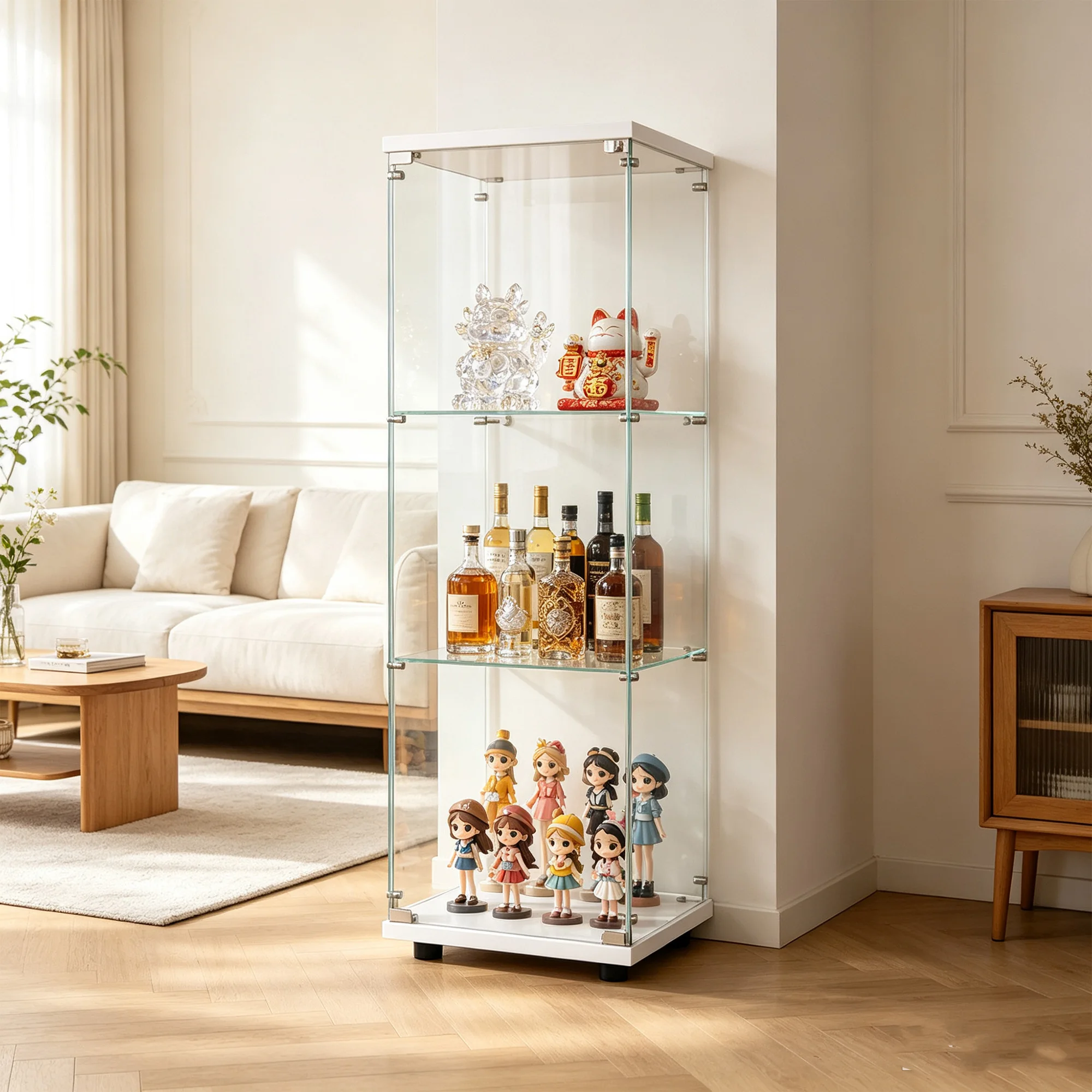 Vitrine en verre sur pied Superaly avec 3 étagères, vitrine à porte unique, vitrine pour figurines, armoires de rangement pour collection, salon, bar, blanc