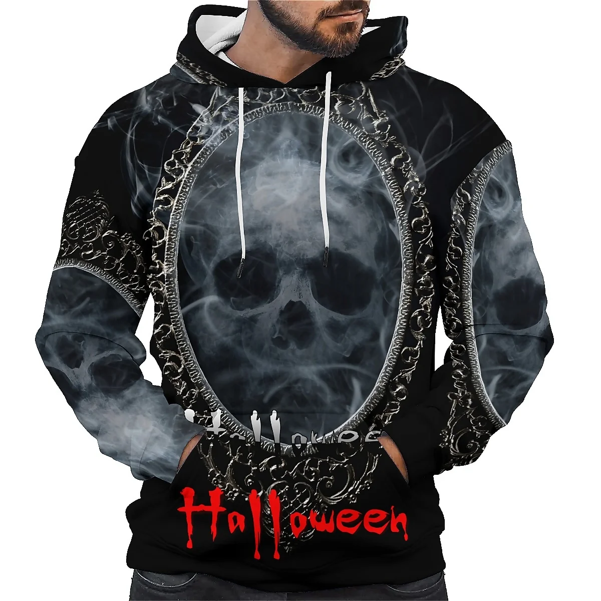 

SONSPEE unisex autumn hoodie featuring a 3D printed spooky skull and long sleeves. Ideal for combining street fashion with a chi