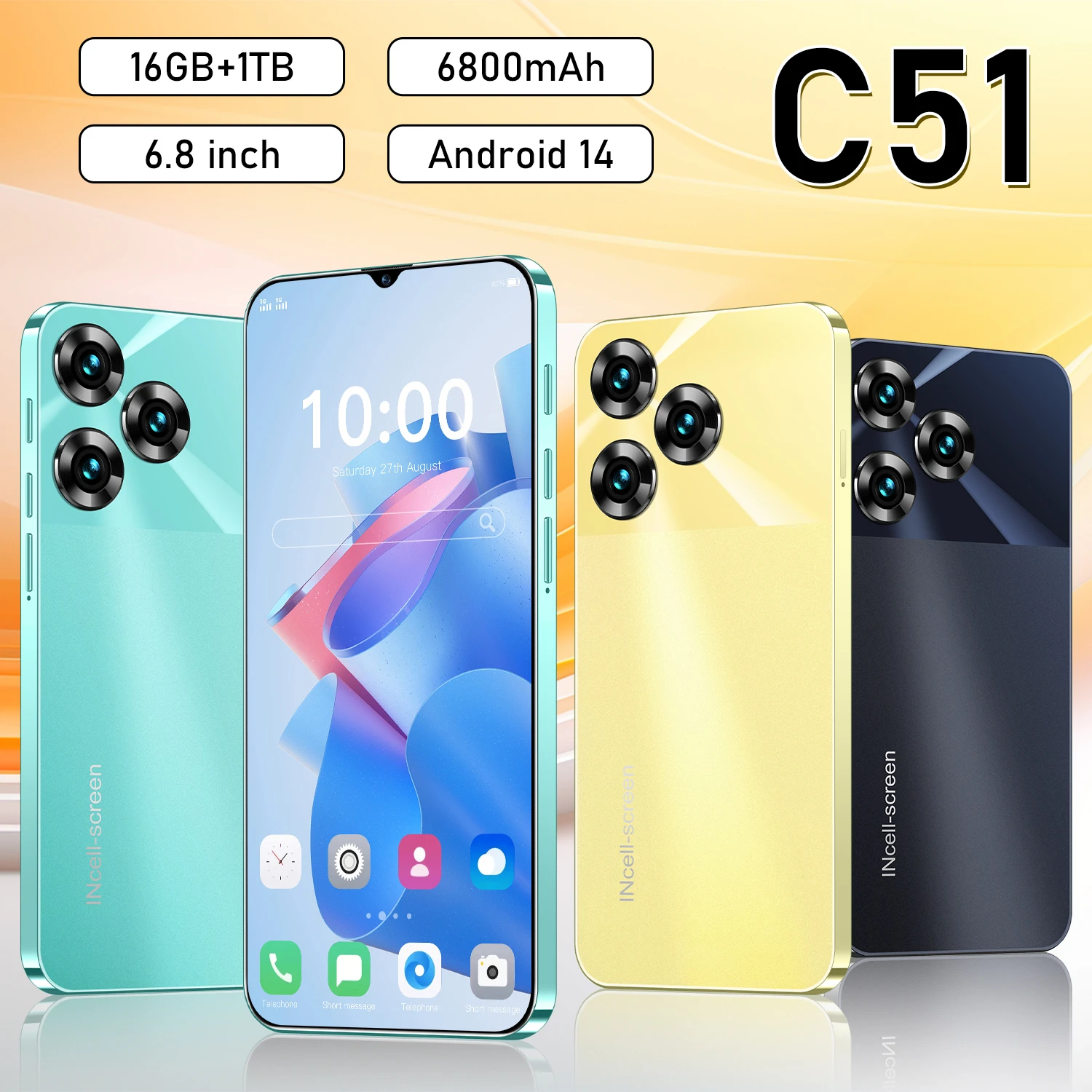 

New C51 Smartphone 7.3inch Full Screen 4G/5G Global Version Cell Phone 16TB+1TB 6800mAh Mobile Phones 108MP Celulares