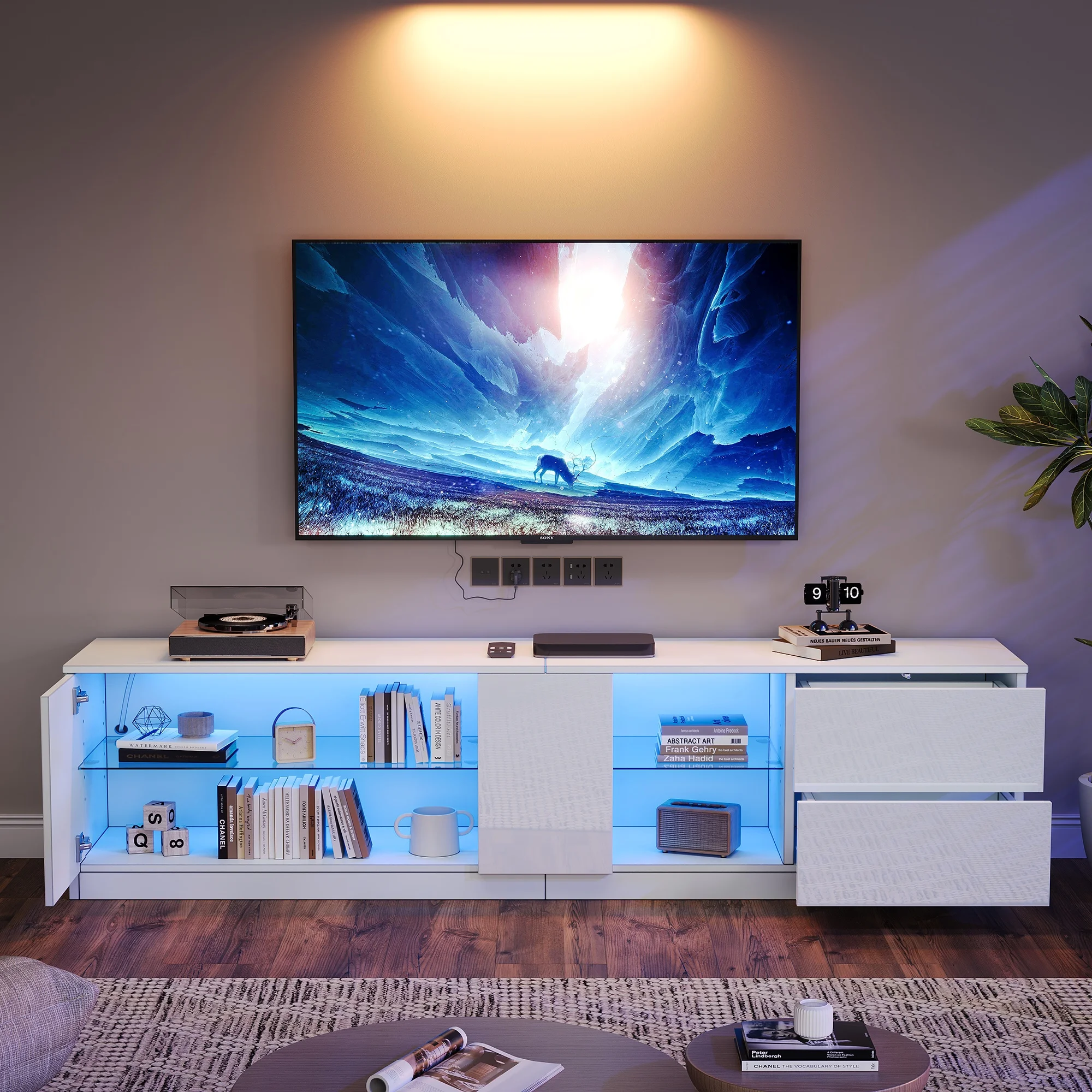 TV con superficie lucida Armadi TV a bordo basso Armadio TV multifunzionale illuminato a LED Adatto per televisore da 65 pollici Bianco