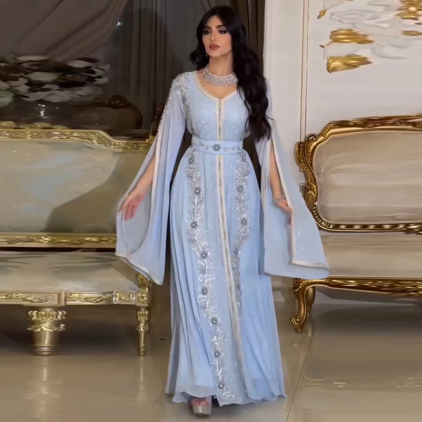formal kaftan dress Designer Kaftan Flowy Arabic Dress with Hand Embroidery and Block print XL / 60 Inches / Matching Embroidered Scarf (24 X 71 Inches) main image 1