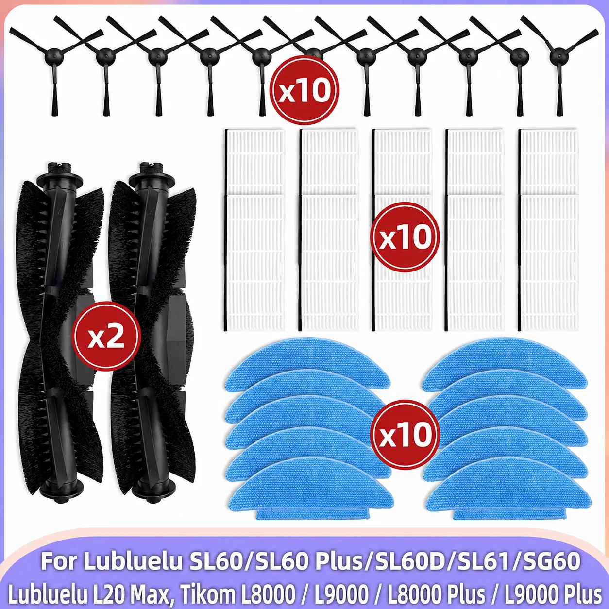 Compatible avec Lubluelu SL60 Plus/SL60D/SL61/SG60/SL60, lubluelu L20 MTikom L8000/L9000/L8000 Plus/L9000 Plus, Agaro Alpha, Laresar L6 Nex Pièces : Rouleau Principal, Brosse Latérale, Filtre HEPA, Chiffon de Nettoyage
