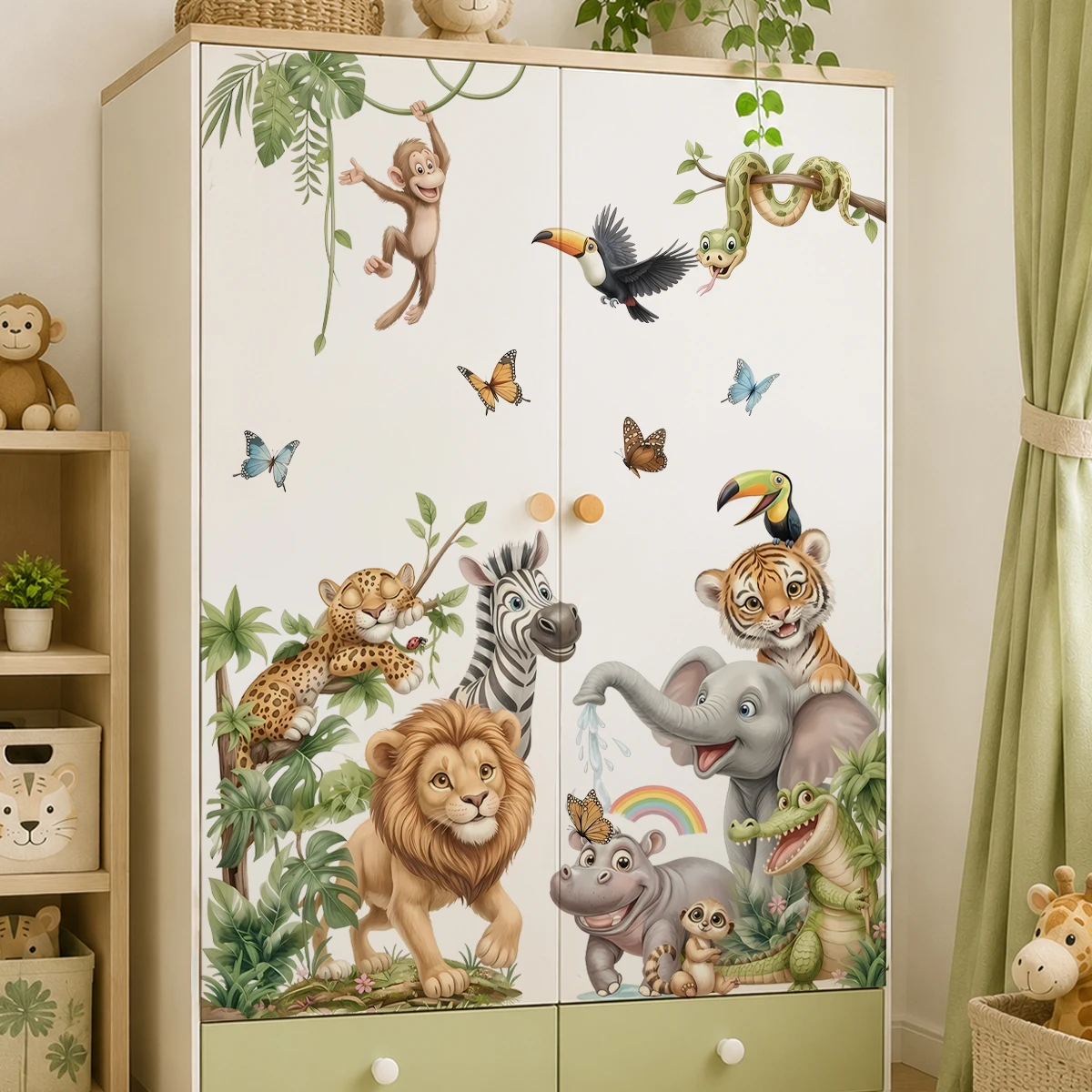 Cartoon Jungle Animal Wall Stickers Safari Lion Elephant Tiger Decal Removable PVC Nursery Mural Wallpaper Home Decor view 3