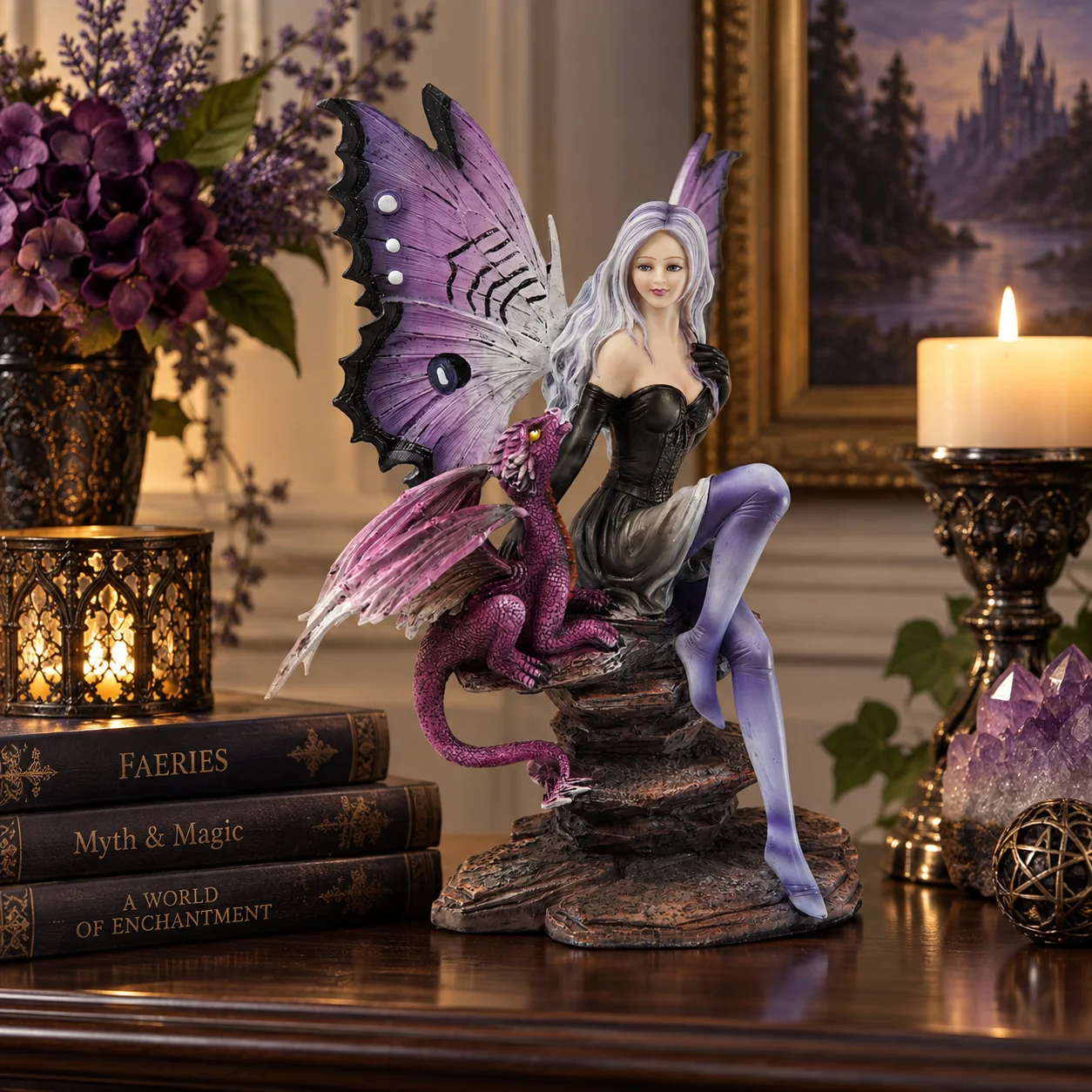 Purple Butterfly Winged Fairy Figurine with Dragon, Fantasy Wyvern Statue, Gothic Fairy Decor, Magical Collectible Home Ornament Gift