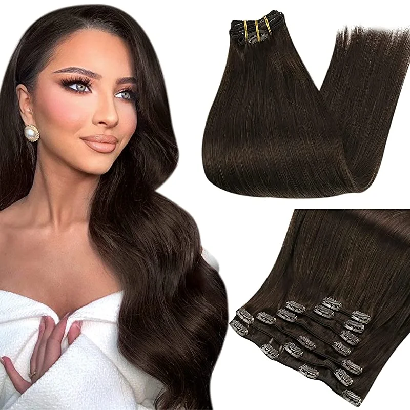 Full Shine Clip In Hair Extensions Zwart Balayage Zilver 7 Stuks Echt Menselijk Haar Natuurlijk Haar Dubbele Inslag Recht 120G