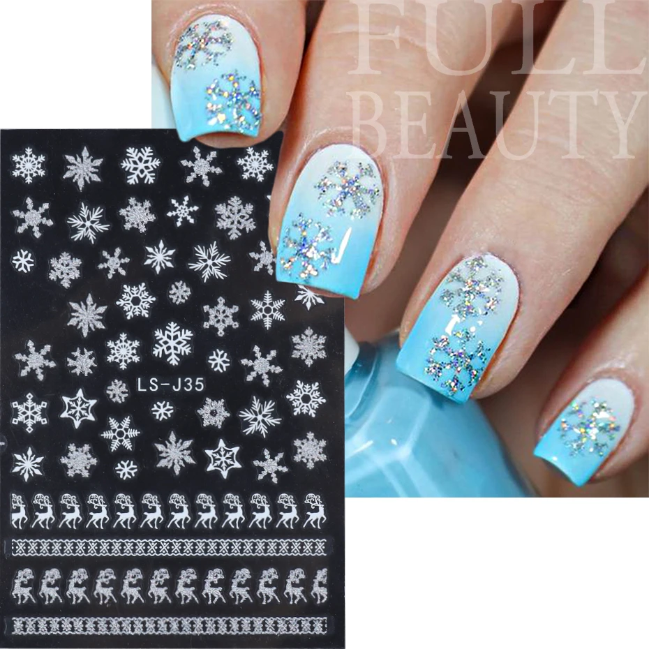 Silver Reflective Glitter Nail Sticker Christmas Snowflakes Love French Design 3D Slider For Nail Winter Decor New Year LELS-J35