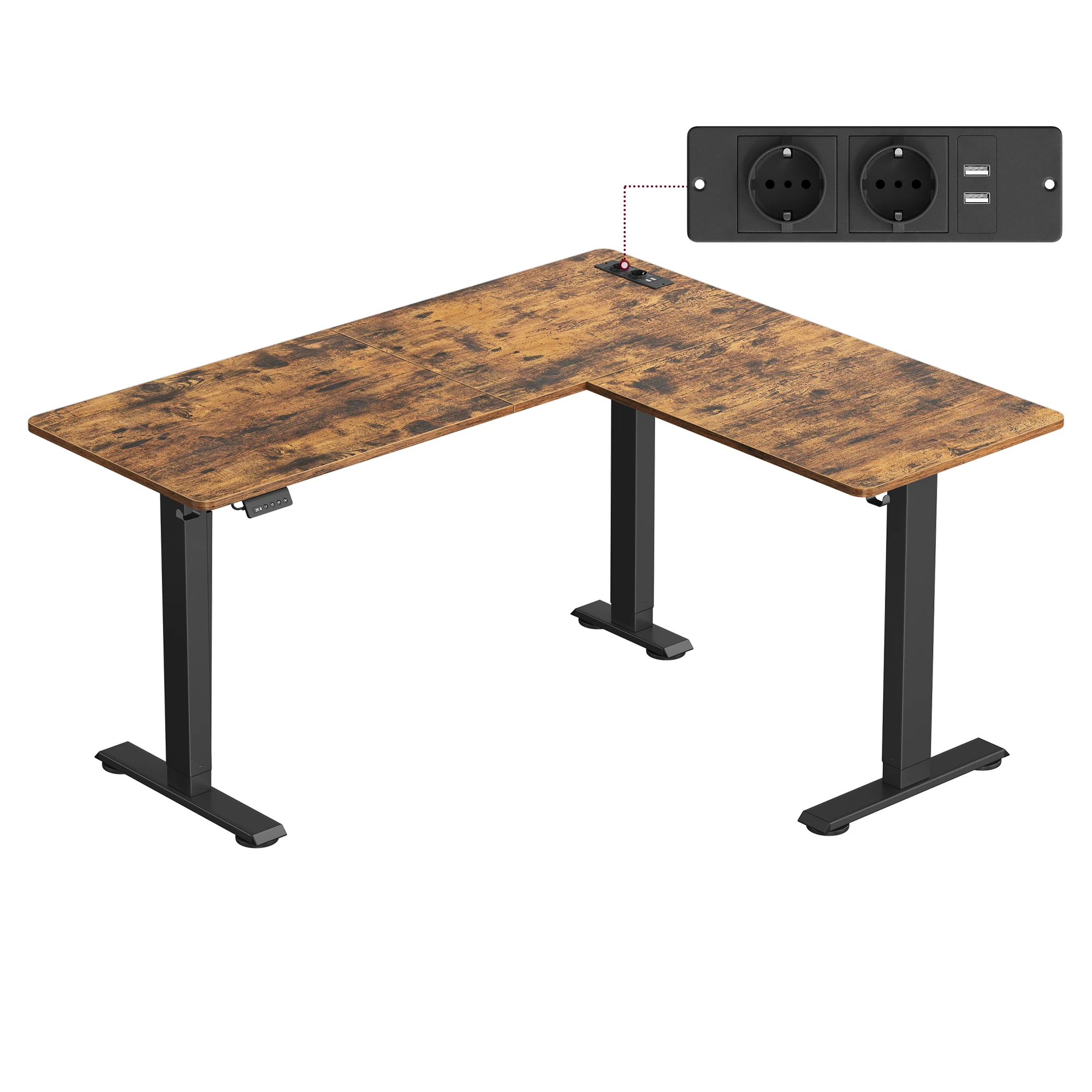 VASAGLE In hoogte verstelbaar elektrisch bureau, L-vormig hoekbureau, 140x160 cm, met laadstation