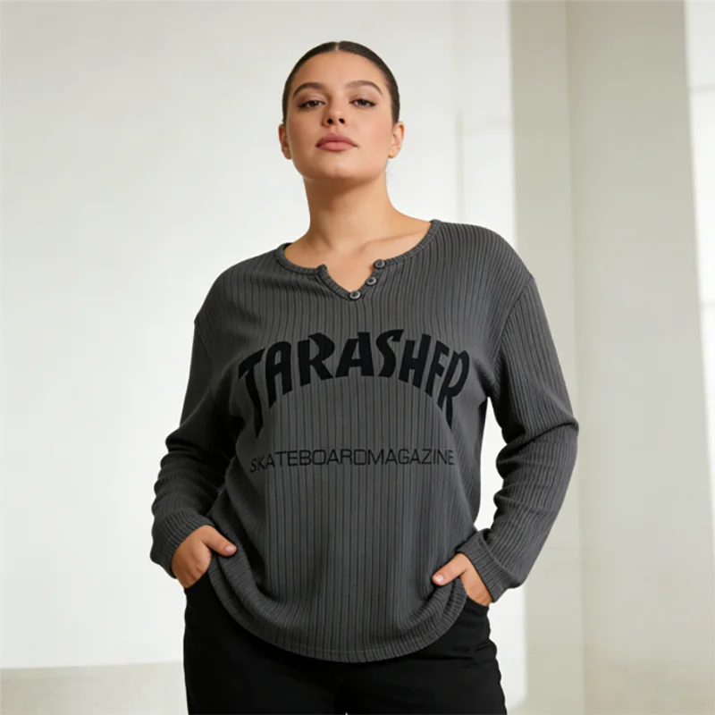 تي شيرت كبير الحجم مطبوع عليه لوح التزلج بأكمام طويلة على الطراز الكوري سترة فضفاضة 50-150 كجم ملابس خروج غير رسمية للسيدات #1