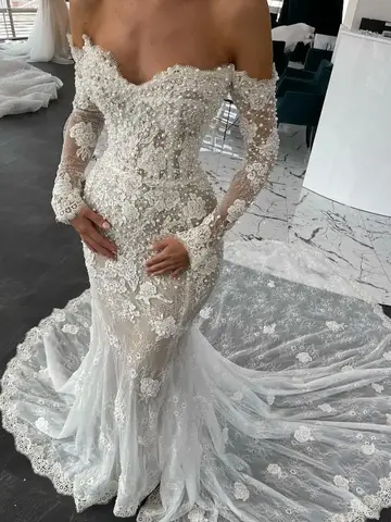 Luxury Sweetheart Mermaid Wedding Dresses for Bride Beads Long Sleeve Appliques Lace Bridal Gowns Tulle Vestidos De Novia