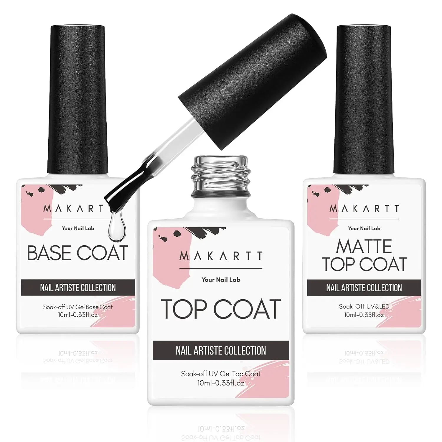Makartt No Wipe Gel Top & Base Coat Set 3Pcs 10ml-Matte & Glossy Finish, Soak Off Long Lasting UV/LED Cured for DIY Salon