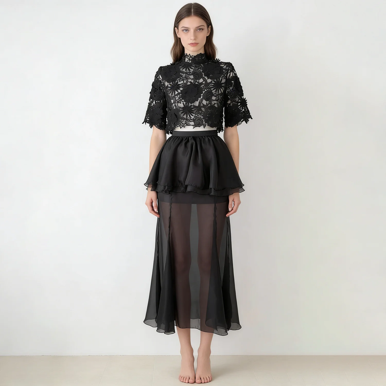 NOVA 2026 Women's Lace Two Piece Set High Neck Embroidered Crop Top & Sheer Mesh Maxi Skirt Black White