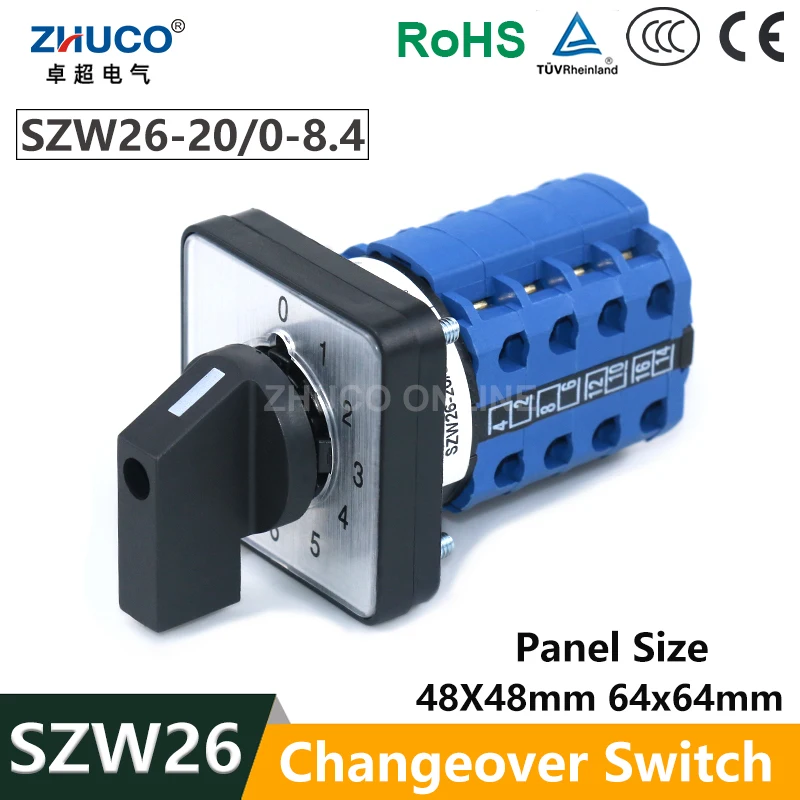 

Кулачковый переключатель ZHUCO SZW26/LW26-20/0-8.4 LW39B, 4-полюсный, для монтажа на панель, с 8 каналами выбора напряжения, LW28-20A