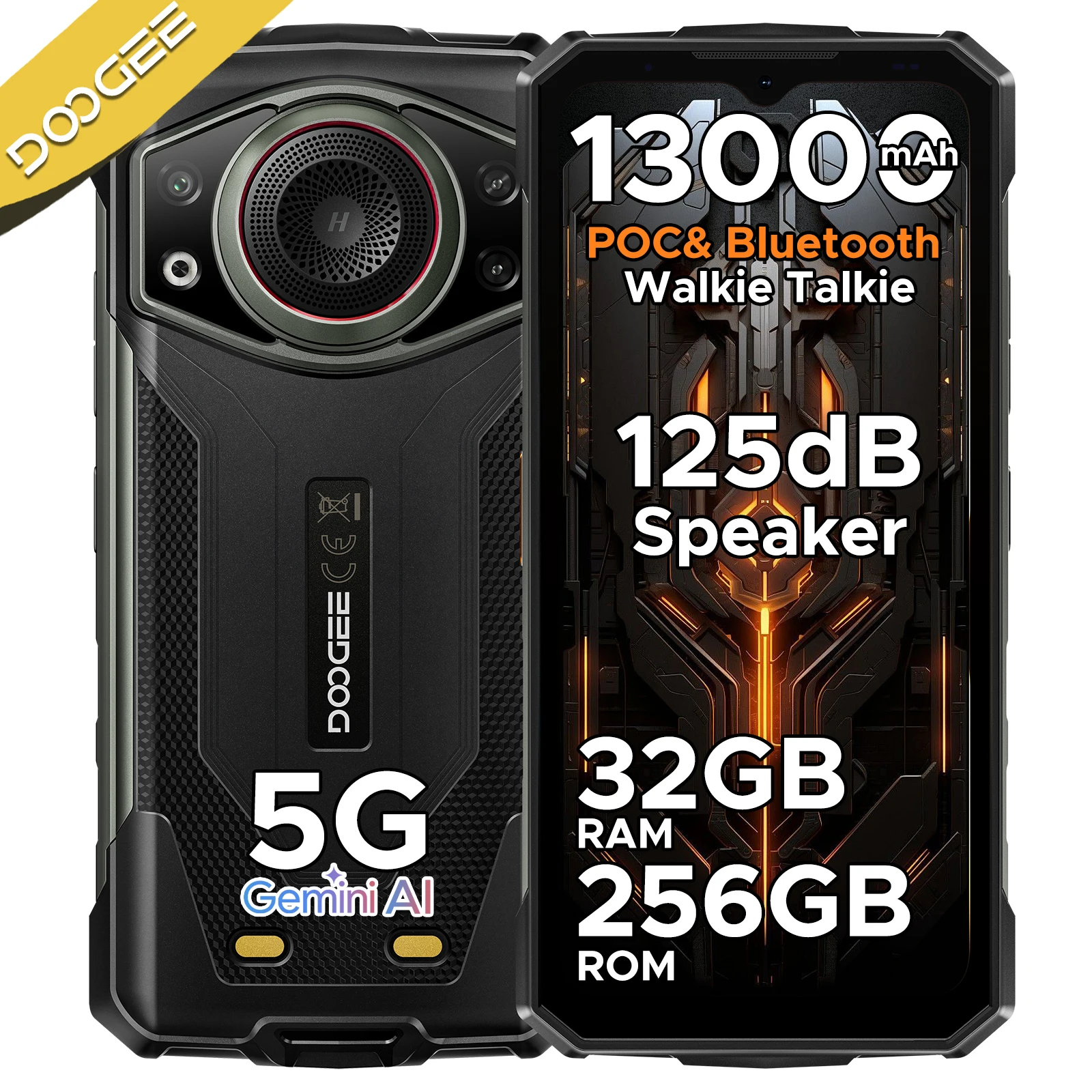 DOOGEE Fire 7 Ultra 5G Rugged Phone 6.6'' Screen 125dB Speaker Support POC 13000mAh Battery 8GB+256GB Android 15 Smartphone NFC
