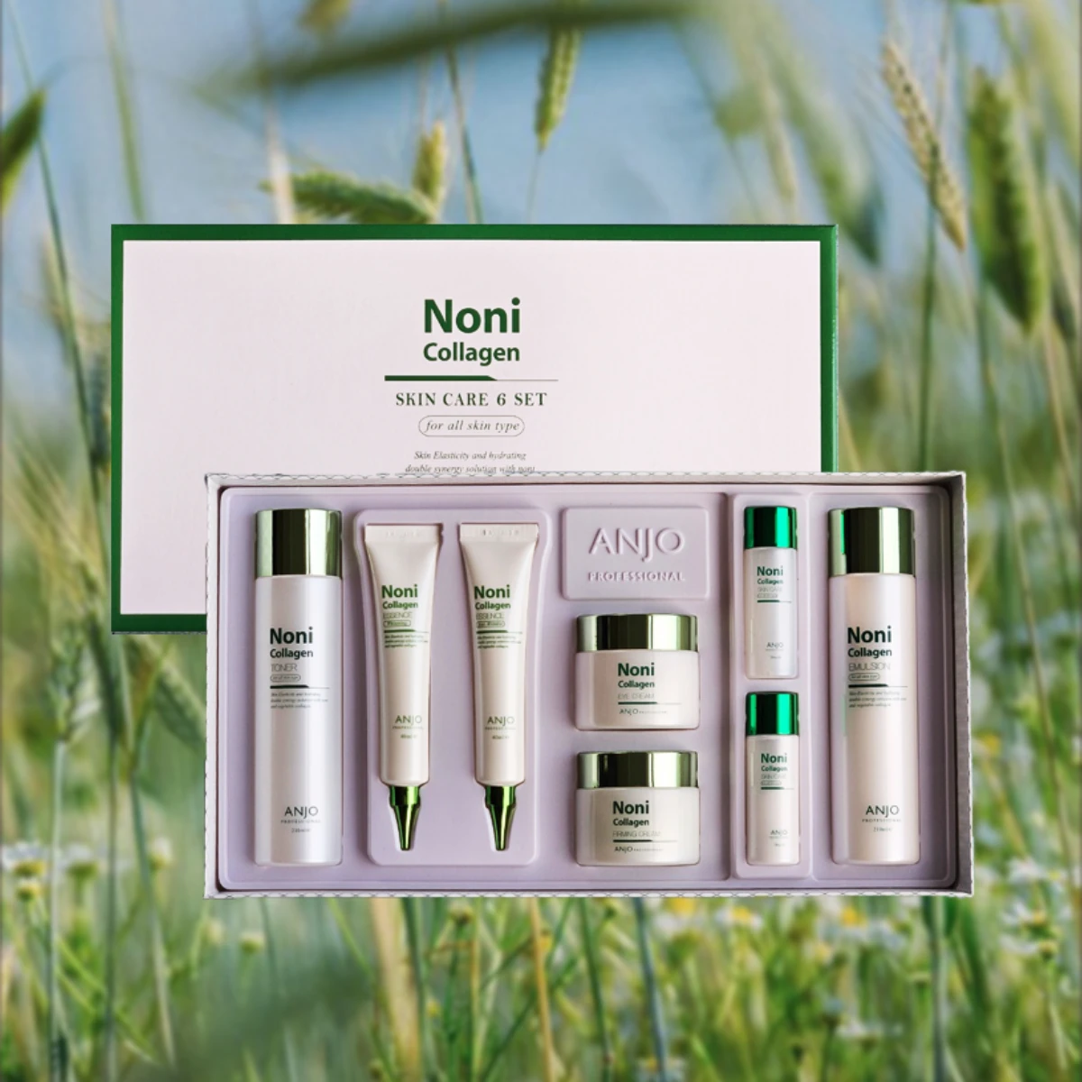 Angou Noni Collagen Set of 8 (Toner/Emulsion/Alcoustic Cream/Eye Cream/Whitening Essence/Anti-Linkle Essence)