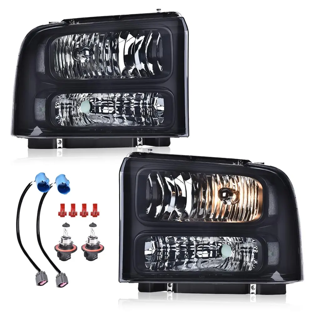 

Headlights Lamp Fit for 1999-2004 Ford F-250 F-350 Truck Chrome Housing Smoked Lens Halogen Factory Style Excursion Conversion