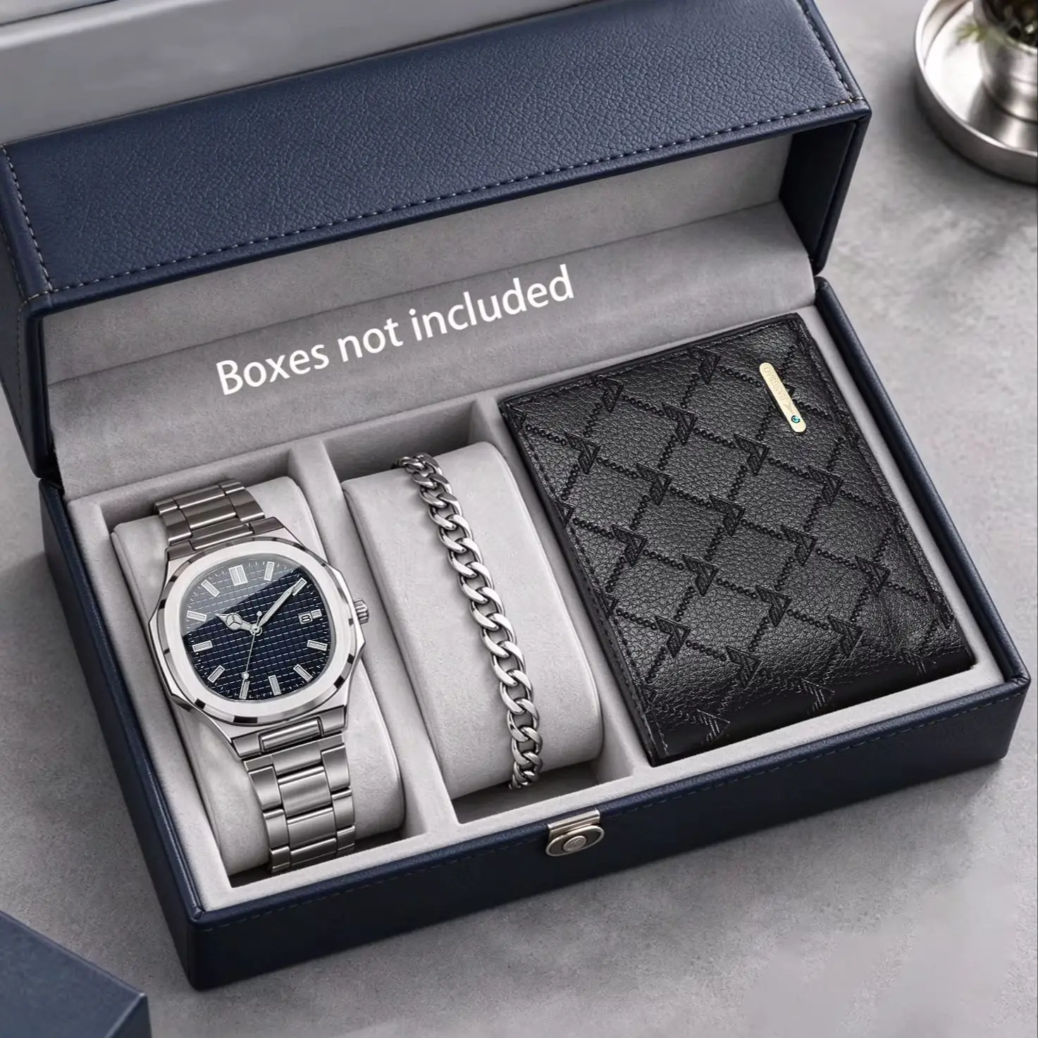 3-Piece Set of Luxury Men's Quartz Watches with Cuban Chain Bracelet and Wallet Set, Calendar Business Commuter Watch, Simple Business Commuter Style, Niche Luxury, Can Be Used as a Gift, Does Not Include Packaging Box.