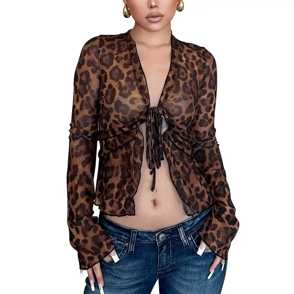 Frauen Sexy Leopard Langarm T-Shirts Tiefe V Casual Club Party Basis Tops Durchsichtig Rüschen Mesh Shirt Slim Fit Y2K Kleidung