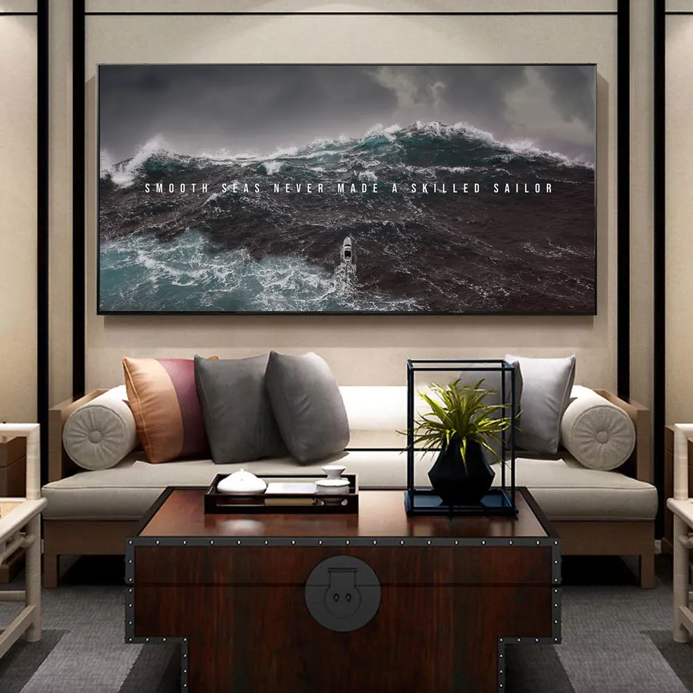 Inspirational Canvas Art Poster, Smooth Seas Never Made a Skilled Sailor Motivational Seascape Print for Office Wall, Home Decor