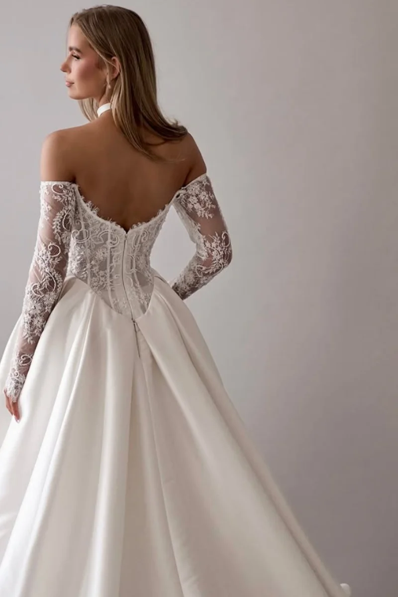 فساتين سهرة جيسيكا دانتيل مطرزة بأكمام طويلة من الساتان الأبيض فساتين لحضور الحفلات الموسيقية الفاخرة على شكل حرف a من فيستدوس دي فييستا مخصصة #5