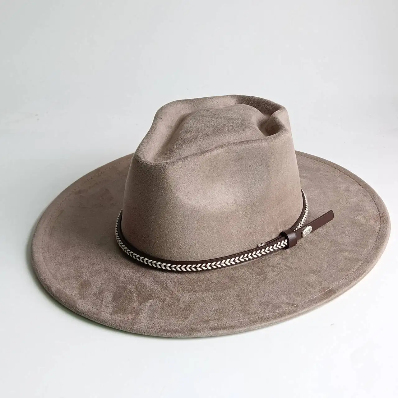 Unisex Vintage Western Fedora Hat, Wide Brim Suede Felt Cowboy Hat with Braided Leather Band Metal Buckle, Outdoor Travel Boho D
