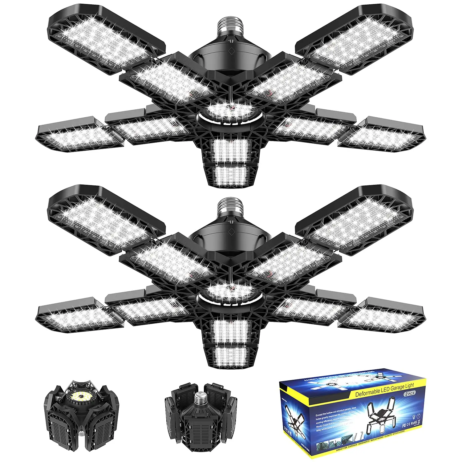 

1-2pcs Deformable Ceiling Lighting LED Garage Lights Bulb, 6500K Shop Light with 10 Adjustable Panels E26/E27 Lamp for Basement