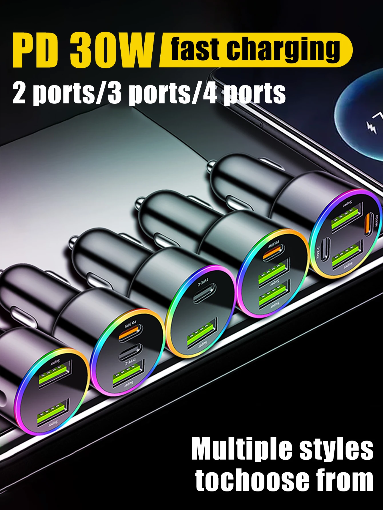 1 Set 4-Port USB+Typ-C Schnelllade-Autoladegerät USB Typ C PD Schnellladung 3.0 Autoladegerät