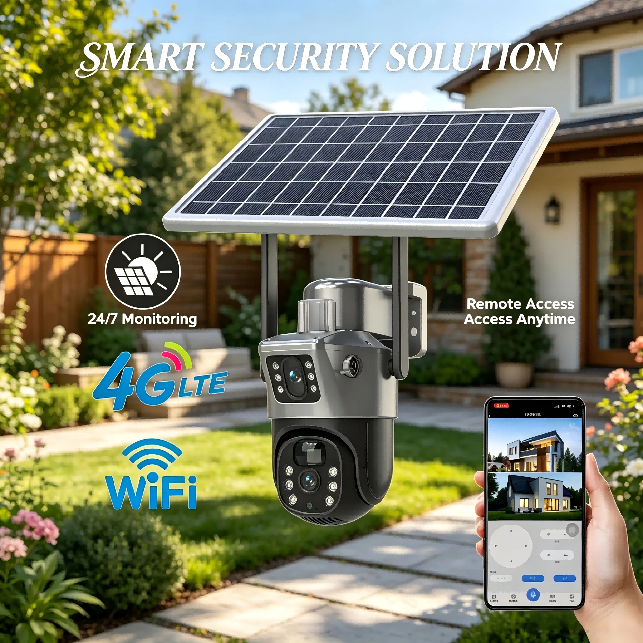 Kamera solarna 360 stopni, szara, o wysokiej rozdzielczości, z łączonymi obiektywami typu gun-ball, o niskim poborze mocy, 10400 mAh, 300 W. ° Panoramiczna kamera CCTV z podwójnym obiektywem