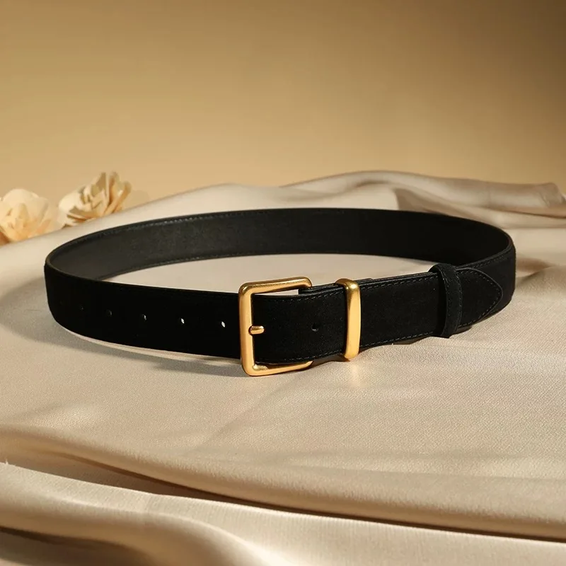 Luxuriöser Wildleder-Rindsledergürtel für Damen, Vintage-Stil mit goldener Schnalle, 3,3 cm breiter Bund für Kleider und Jeans – Detail 10