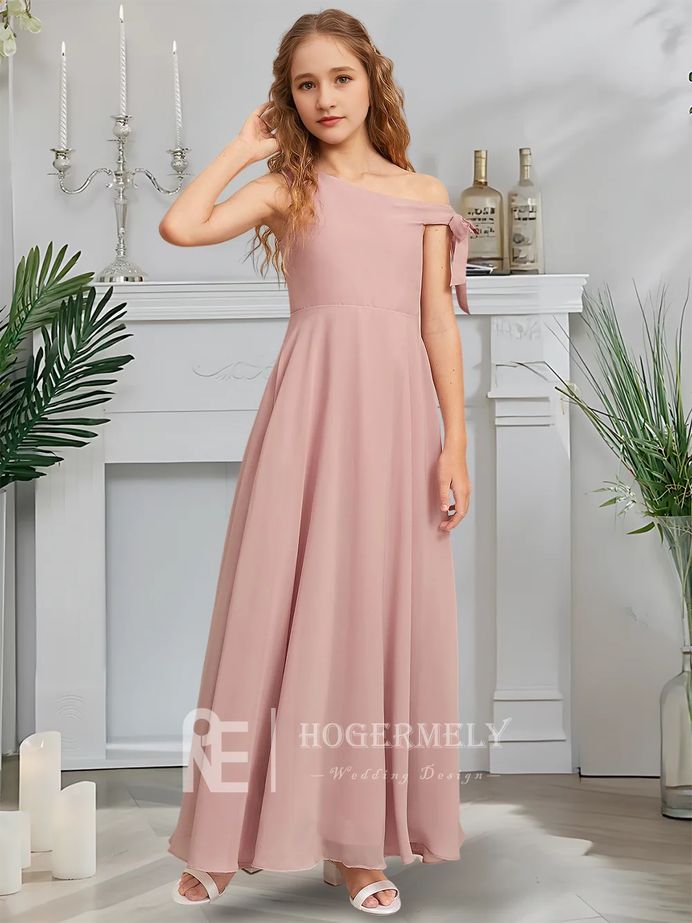 

A Ethereal A-Line Junior Bridesmaid Dress Dusk Rose Bloom Flower Girl Dress One Shoulder Bow Chiffon Garden Gala Wedding Party