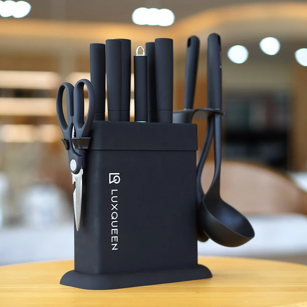 [LUXQUEEN] Black Edition 11 Pcs Set Kitchen Knives Cooking Utensils Set Knife Block Knife Set Knife, Rex Queen