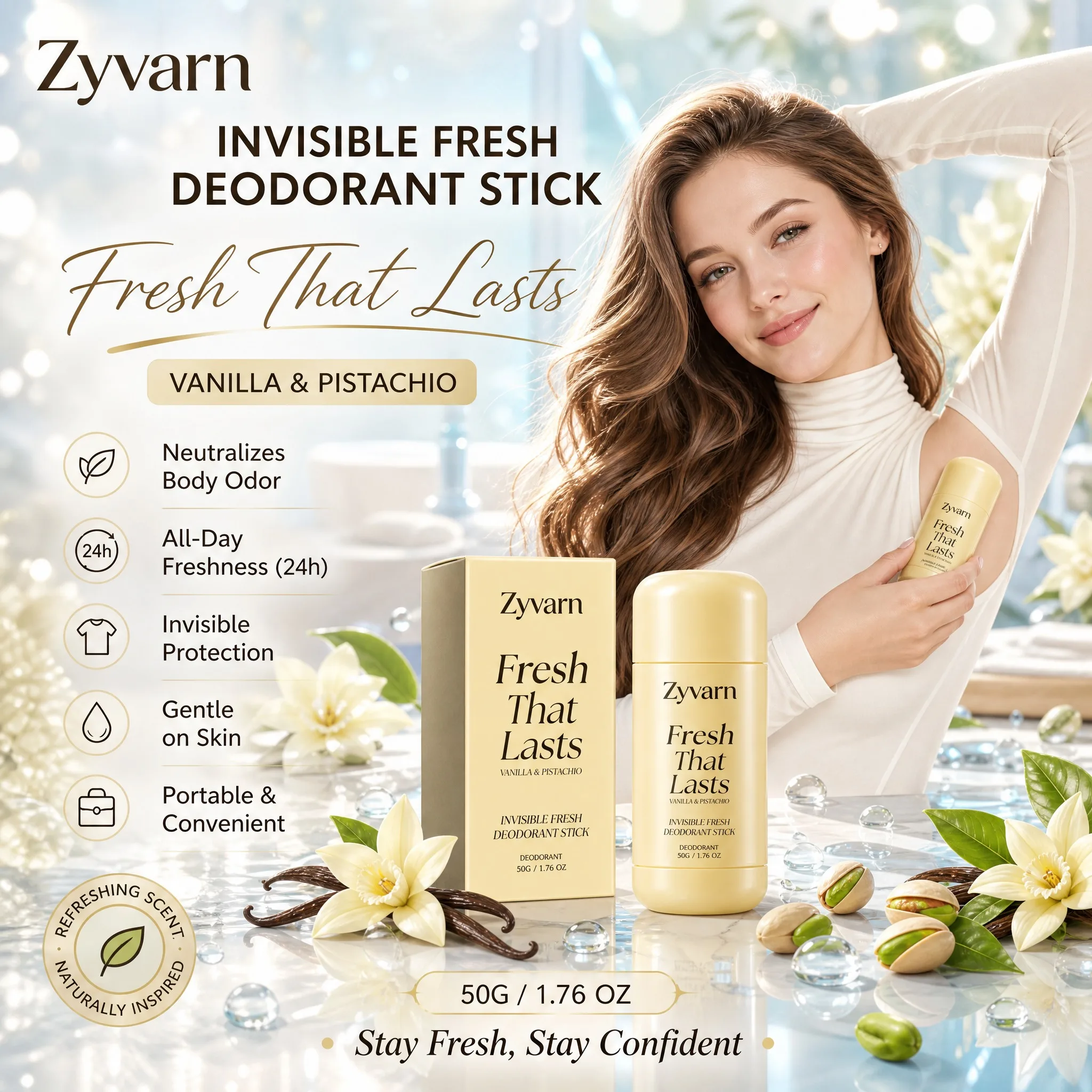 

Zyvarn Invisible Fresh Deodorant Stick Underarm Care Antiperspirant Body Odor Protection Gentle Formula Portable 50g