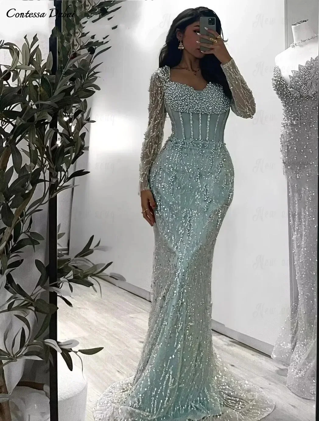 

Contessa Dubai Custom Tulle long sleeves Prom Dress With Pearl Collar Vestido de gala Elegant Mermaid Formal evening event dress