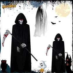 Scary Halloween Ghost Reaper Costume Hooded Cape Skull Mask Gloves Scythe Set Adult Kids Horror Grim Reaper Halloween Decoration