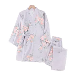 100% Cotton Women Sleepwear Home Clothes Ladies Half Sleeve Kimono Robe Sets Long Trousers Pajamas Suit Homewear Pijama Seda