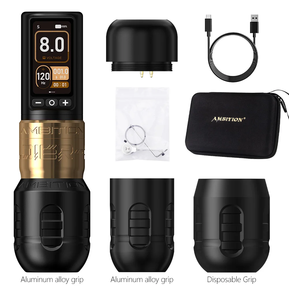 Ambitie Soldaat 270 Draadloze Tattoo Machine 4.0mm + 4.5mm Slag Borstelloze Motor Pen Professionele 2400mAh Batterij grip 34 + 42mm