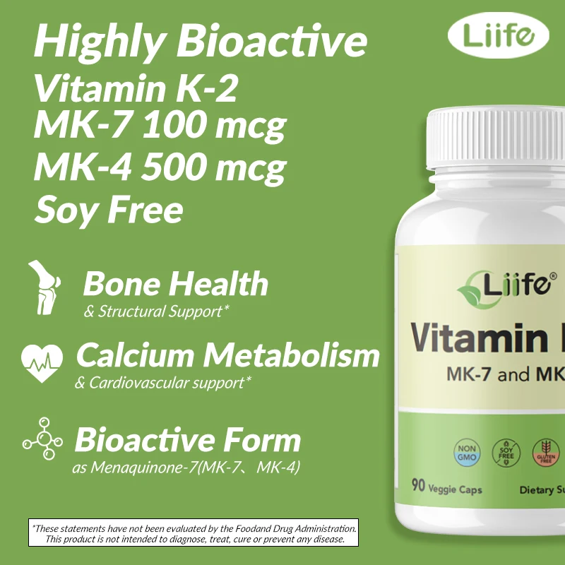 Liife Vitamin K2 Ergänzung-90 Kapseln, 600mcg mk7 & mk4, 90-Tage-Versorgung, unterstützt die allgemeine Gesundheit und Knochens tärke, Soja und g