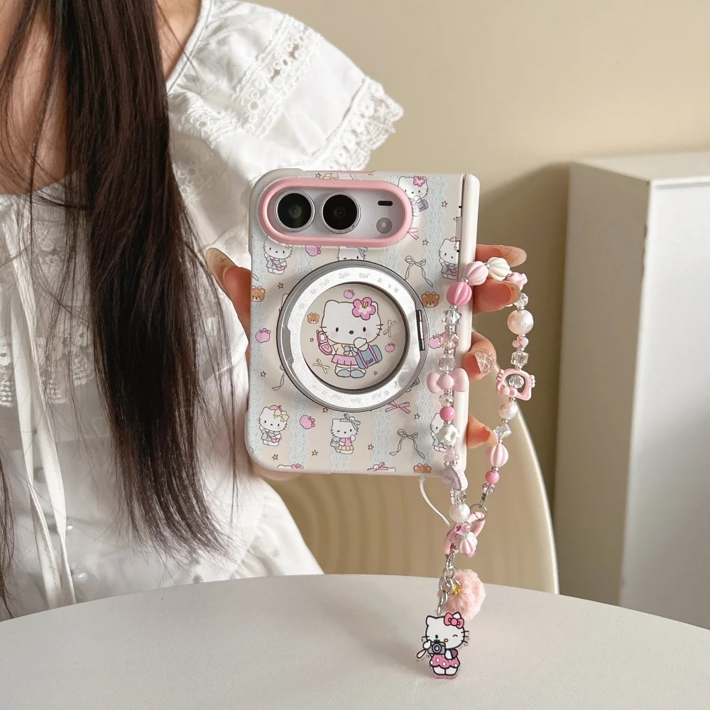 Kawaii Lace Cartoon Cat Magnetic Phone Case Protective Case for iPhone Duo with Magsafe Holder, Fashion Anti-drop Protective Set