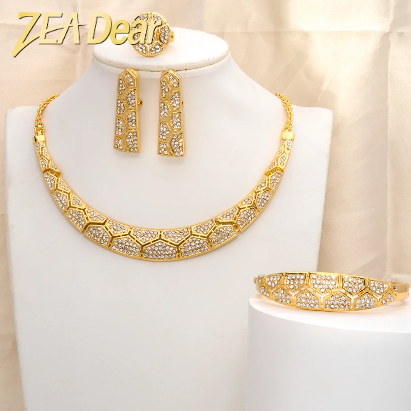 ZEADear Jewelry Fashion Luxuriou Women Jewelry Set Saudi 18K Gold Plated Dubai Bracelet Necklace Earring Ring  For Women Wedding