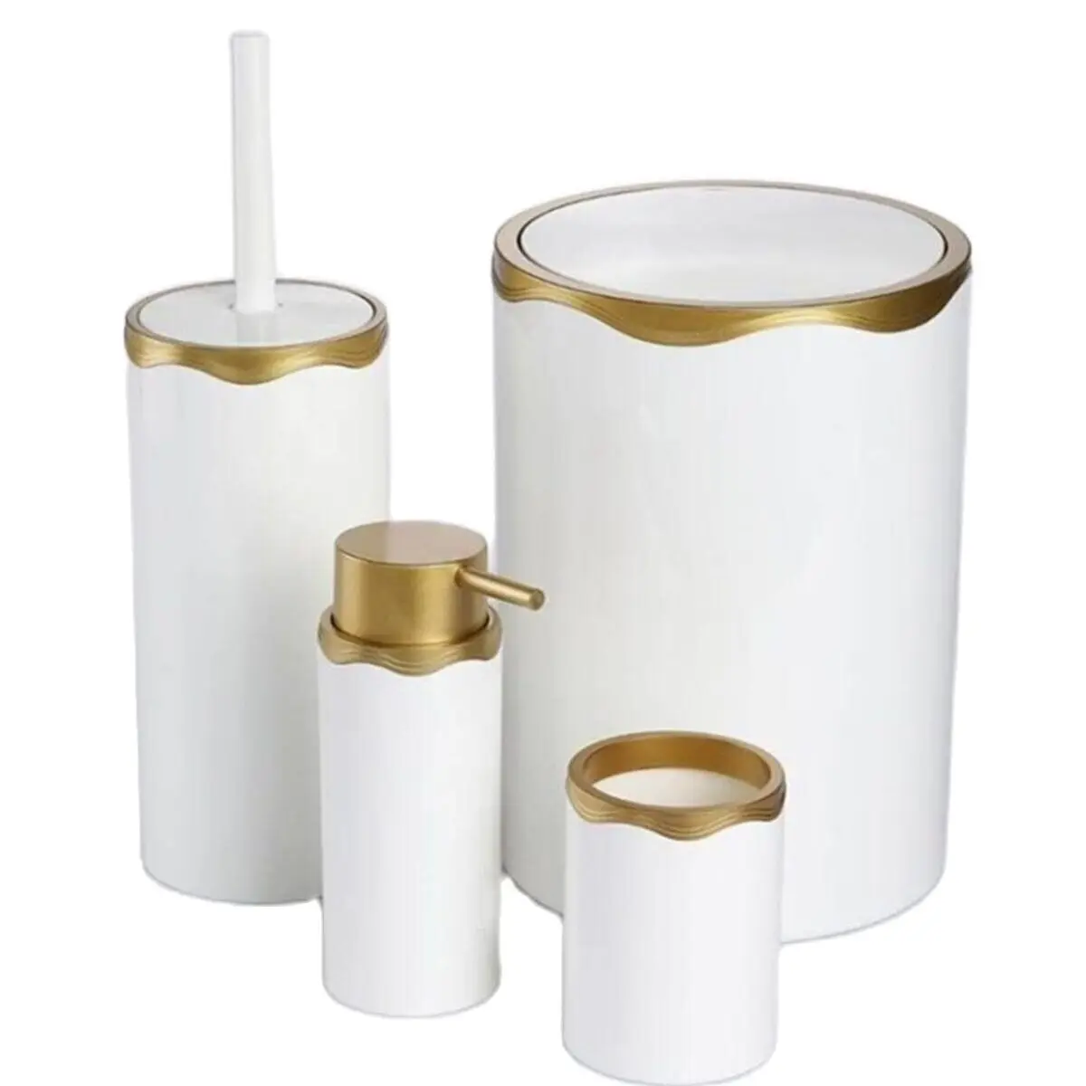 Bathroom Accessory Set 4 Pcs White Quality Luxury Sturdy Liquid Soap Dispenser Toilet Brush Trash Can Toothbrush Holder For Home