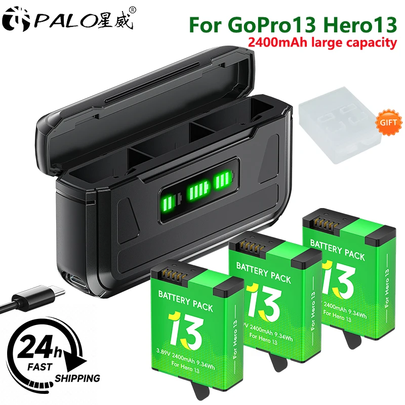 PALO pour GoPro Hero 13 batterie 2400mAh Batteries + 3 emplacements étui de chargement pour GoPro13 Go pro Hero13 batterie Sport caméra accessoires