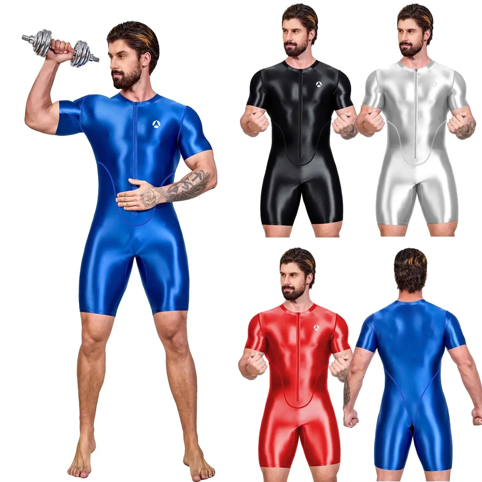 AliExpress AMORESY Men's Shiny Satin Bodysuit Short Sleeve Sportswear Yoga Gym Fitness Swimsuit Cycling Leotards Running Swimwear Jumpsuit