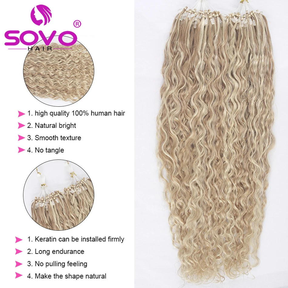 SOVO Micro Loop Human Hair Extensions Water Wave Natural Micro Beads Rings European Hair Highlight Balayage Blonde 50 Strands