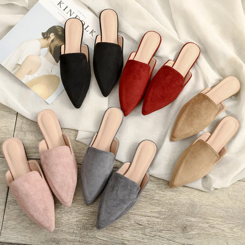 New Arrival Women's Sandals Flat Heel Pointed Toe Semi-Slippers Women's Black Mule Shoes Suede Velvet Surface Women Shoes