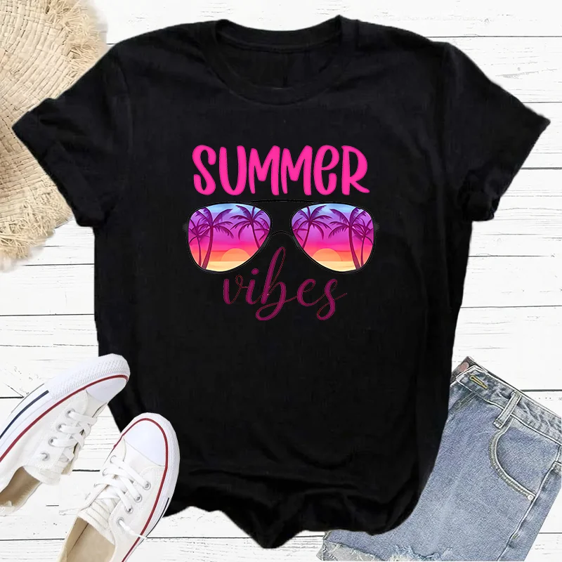 Summer Vibes Sunglasses Coconut Tree  Sunrise Fashion Sports Women's T-Shirt Harajuku Graphic Clothing Women's Top,Drop Ship