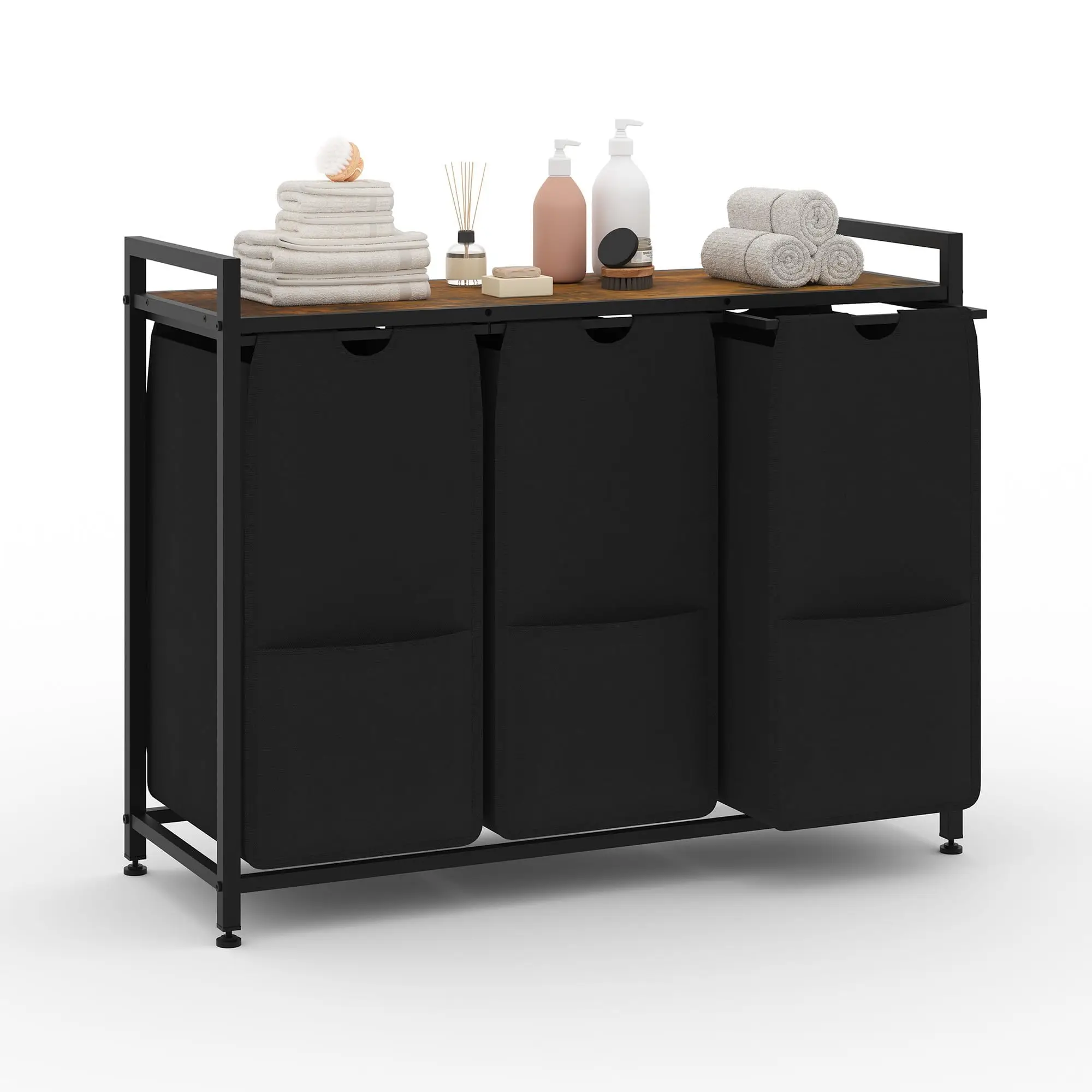 Panier à linge avec 3 ventilateurs à main, bac à linge avec structure métallique et panneau MDF, boîte à linge 92,5x33x72 cm, conteneur à linge sale trié, gain de place