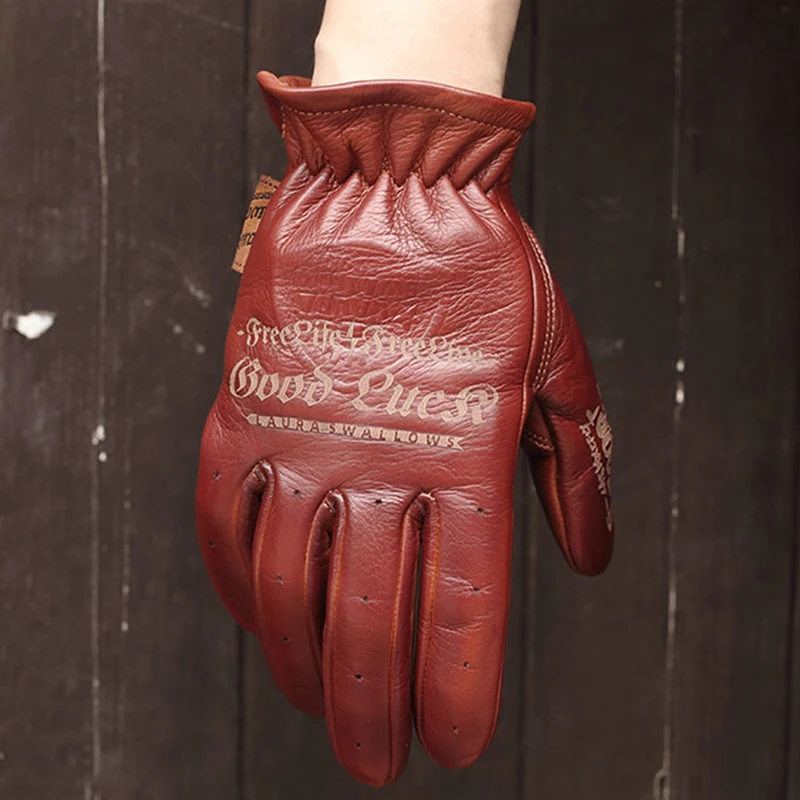 Retro Motorcycle Gloves with Chain for Men, Cowhide Leather, Full Fingers, Brown, Wine Red, First Layer, S3516