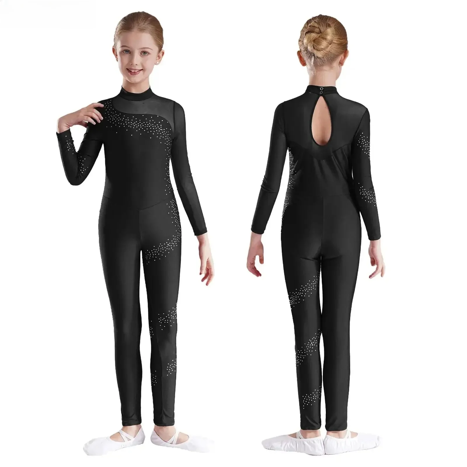 Rhinestone trykot gimnastyczny kombinezon na całe ciało dla dzieci dziewczyny z długim rękawem sportowe body balet Unitard Jersey wydajność stroje taneczne — zdjęcie 2