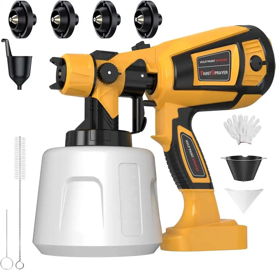 Elektryczny pistolet natryskowy HVLP o mocy 800W i pojemności 1400ml z 4 miedzianymi dyszami do malowania mebli, ogrodzeń, ścian, samochodów i majsterkowania w domu. Yellow