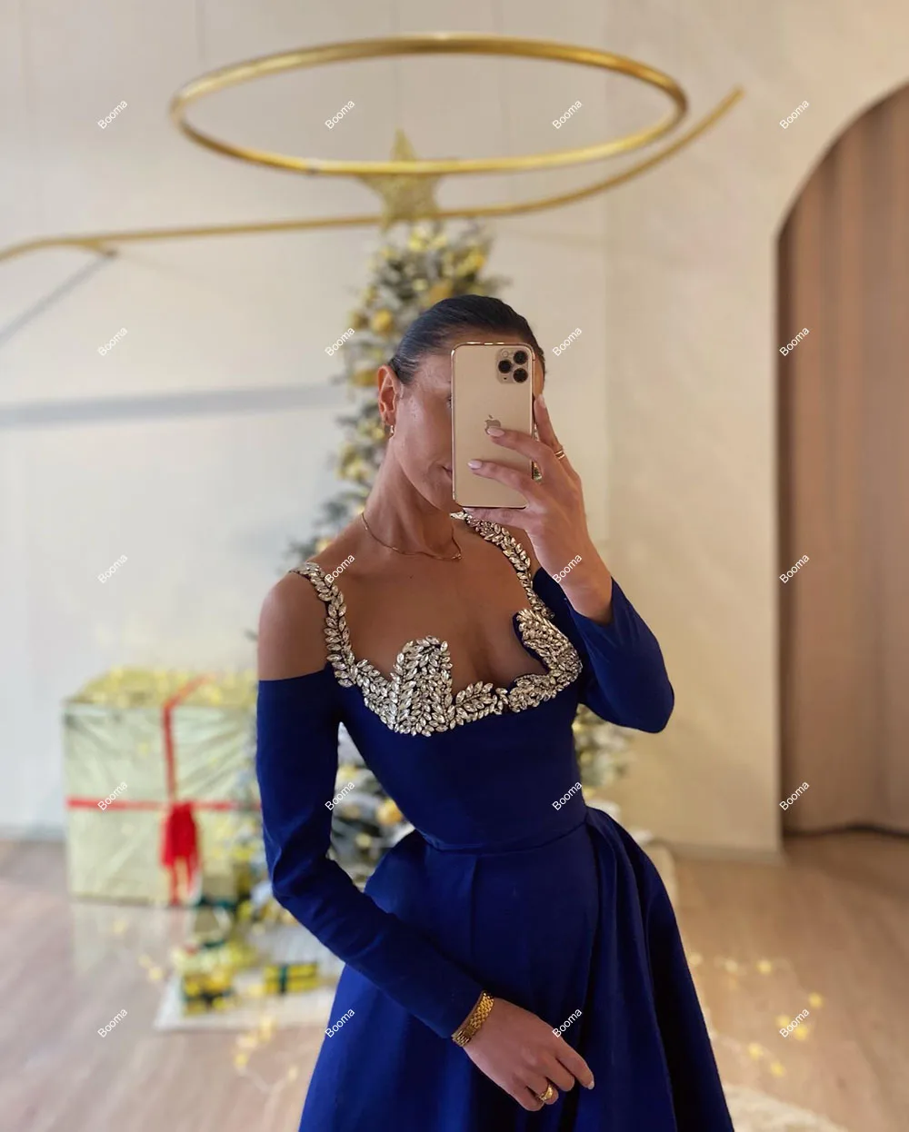 Booma A-Line Blue Long Evening Dresses Crystal Full Sleeves Formal Occasion Dresses for Women Saudi Arabic Party Prom Gowns